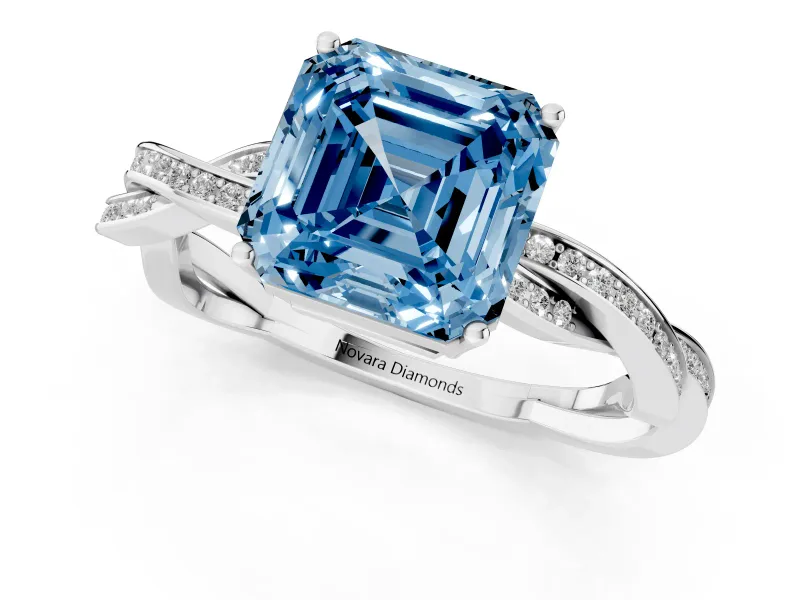 Fancy Blue Asscher Cut Diamond Solitaire Twisted Pavé Ring Set in White gold with Prong Setting