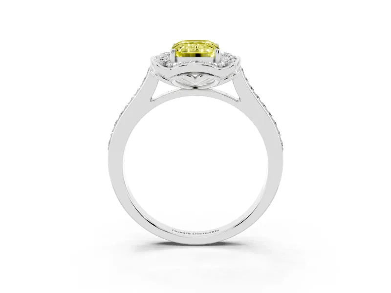 Emerald Cut Petal Tip Halo Engagement Ring Setting for a Fancy Yellow Lab-Grown Diamond | Pavé Band | Platinum