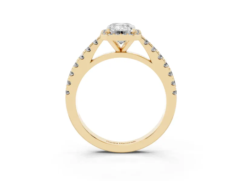 Emerald Cut Halo Pavé Engagement Ring Setting | Single Row Shoulders | Yellow Gold