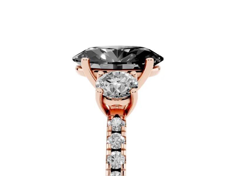 Fancy Black Oval Cut Diamond Three-Stone Ring Set in Rose gold with Pavé Band and Graduated Sides