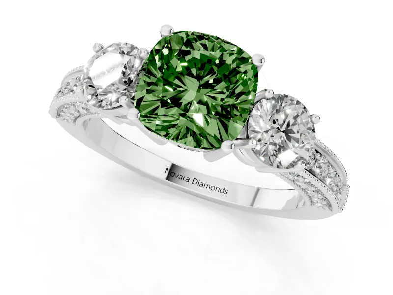 Fancy Green Cushion Cut Diamond Three-Stone Ring Set in Silver with Round Side Stones and Pavé Band