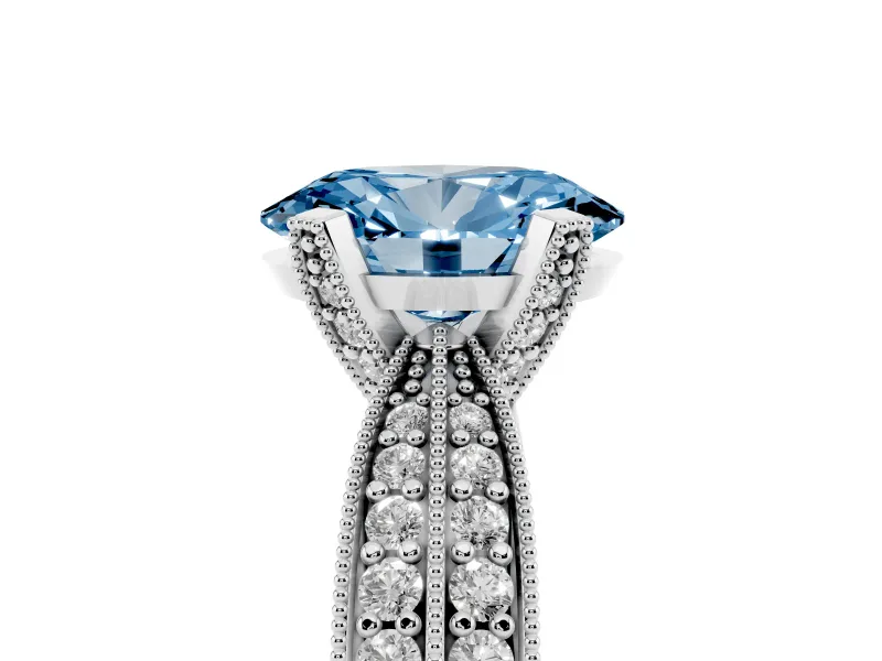 Fancy Blue Oval Cut Diamond Solitaire Ring Set in Platinum with Milgrain Double Row Round Pavé Band