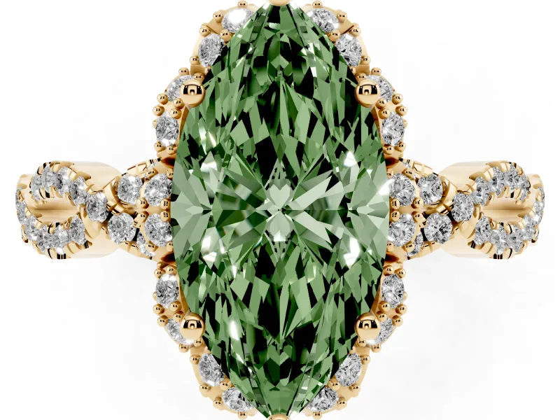 Marquise Milgrain Halo Engagement Ring Setting for a Fancy Green Lab-Grown Diamond | Graduated Shoulders | Yellow Gold