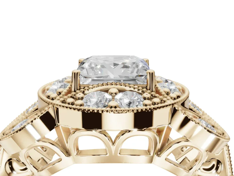 Princess Cut Vintage Floral Halo Engagement Ring Setting | Engraved Milgrain Band | Yellow Gold
