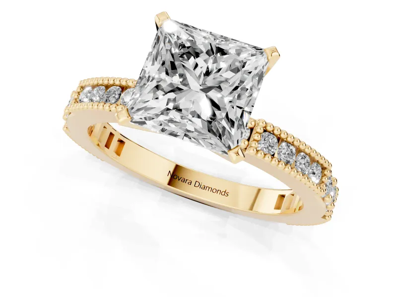 Princess Cut Diamond Solitaire Ring Set in Yellow gold with Slim Pavé Band and Prong Setting