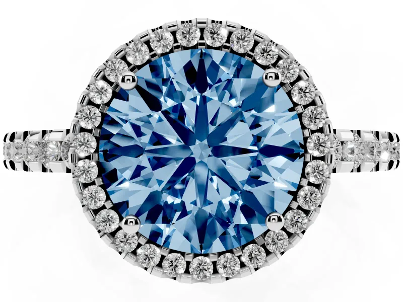 Round Halo Engagement Ring Setting for a Fancy Blue Lab-Grown Diamond | Half Pave Band | Platinum