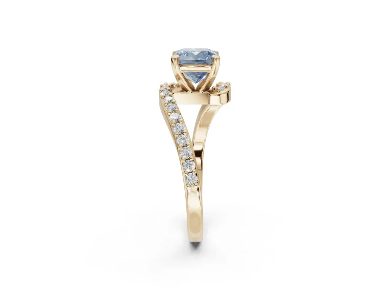 Cushion Cut Bypass Pavé Engagement Ring Setting for a Fancy Blue Lab-Grown Diamond | Yellow Gold