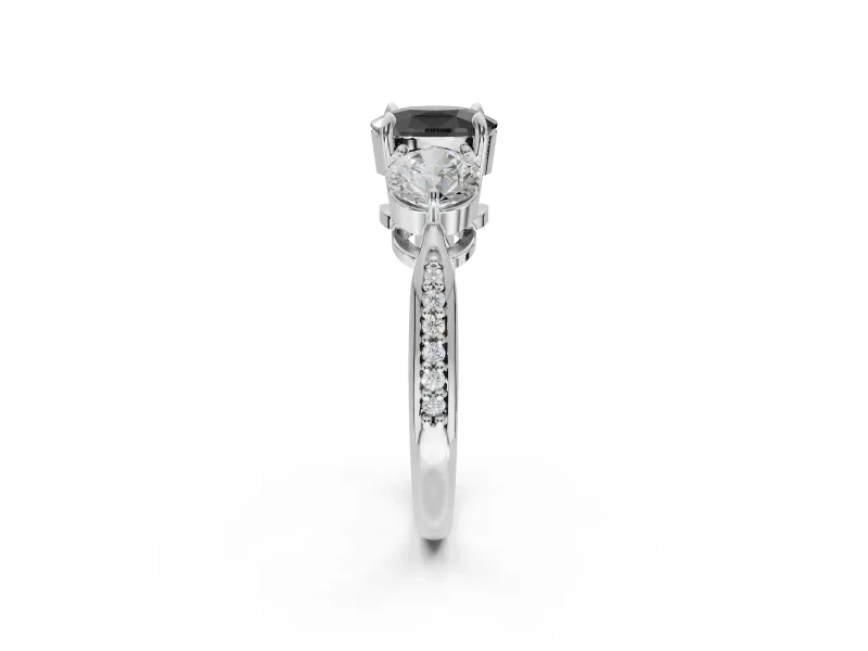 Fancy Black Cushion Cut Lab-Grown Diamond Three-Stone Ring Set in White Gold with Channel-Set Band and Prong Setting
