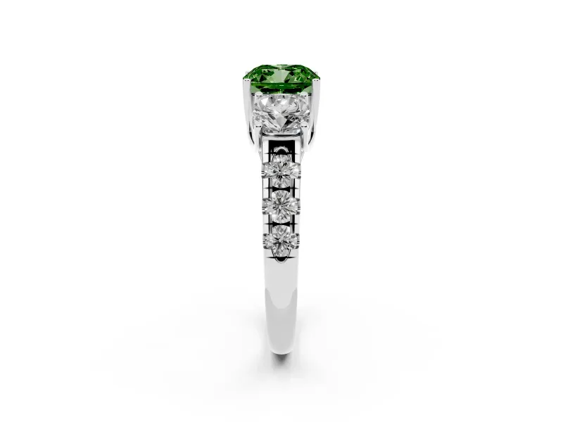 Fancy Green Cushion Cut Diamond Three-Stone Ring Set in White gold with Pavé Band