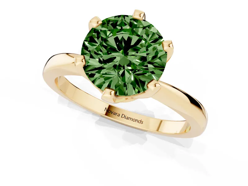 Fancy Green Round Cut Diamond Solitaire Engagement Ring Set in Yellow gold with Slim Tapered Solitaire Band