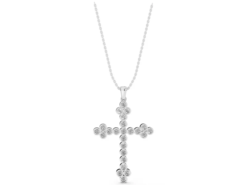 Round Lab-Grown Diamond Bezel Cross Pendant Necklace | Trefoil Ends | White Gold