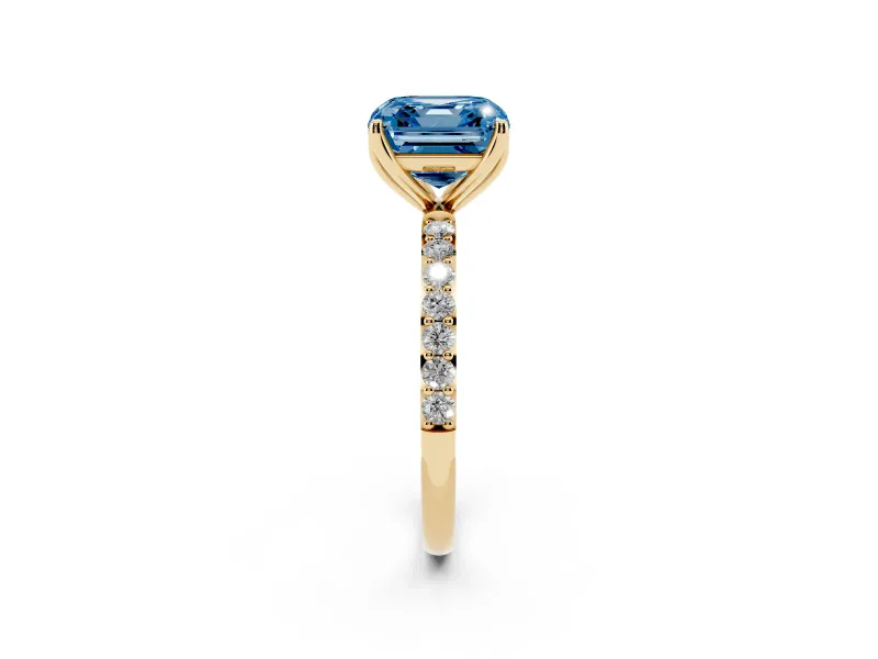 Asscher Cut Pave Solitaire Engagement Ring Setting for a Fancy Blue Lab-Grown Diamond | Slim Band | Yellow Gold