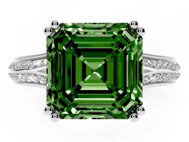 Asscher Cut Pave Split Shank Engagement Ring Setting for a Fancy Green Lab-Grown Diamond | Double Claw Prongs | Platinum