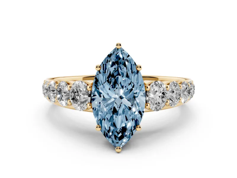 Fancy Blue Marquise Cut Diamond Solitaire Ring Set in Yellow gold with Pavé-Set Band and Prong Setting
