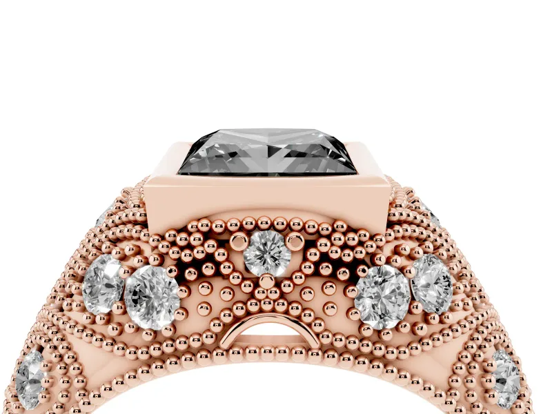 Fancy Black Princess Cut Diamond Bezel Ring Set in Rose gold with Milgrain Accent Band