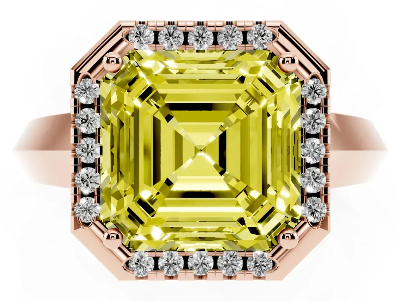 Fancy Yellow Asscher Cut Diamond Halo Ring Set in Rose gold with Cathedral Band and Prong Setting