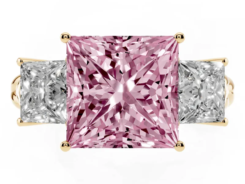 Princess Cut Three Stone Engagement Ring Setting for a Fancy Pink Lab-Grown Diamond | Braided Band | Yellow Gold