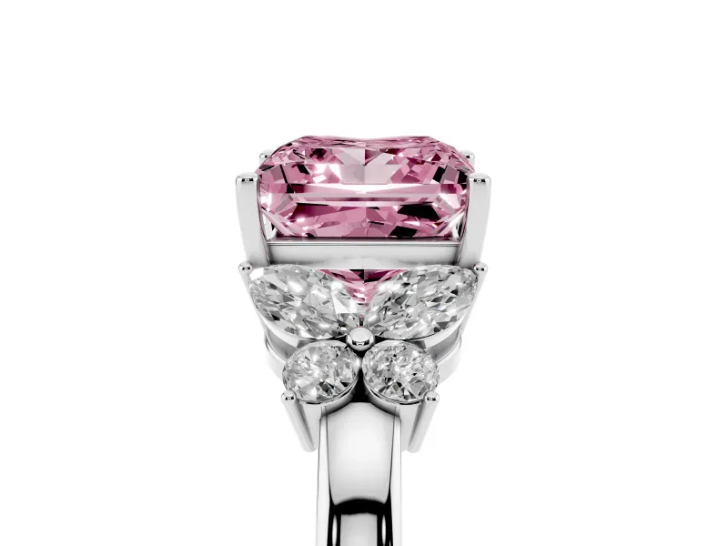Fancy Pink Princess Cut Diamond Solitaire Floral Ring Set in Platinum with Marquise Petals and Prong Setting