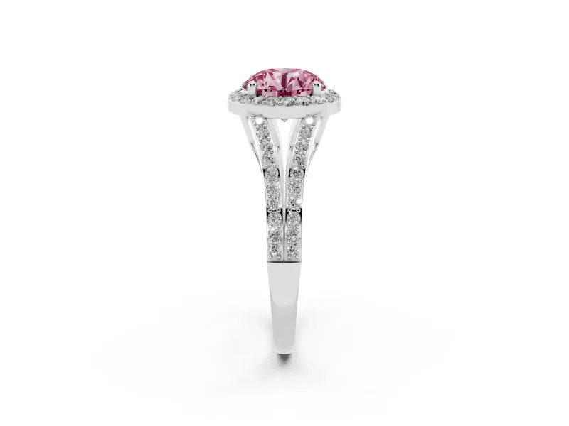 Round Halo Engagement Ring Setting for a Fancy Pink Lab-Grown Diamond | Pave Split Shank | Platinum