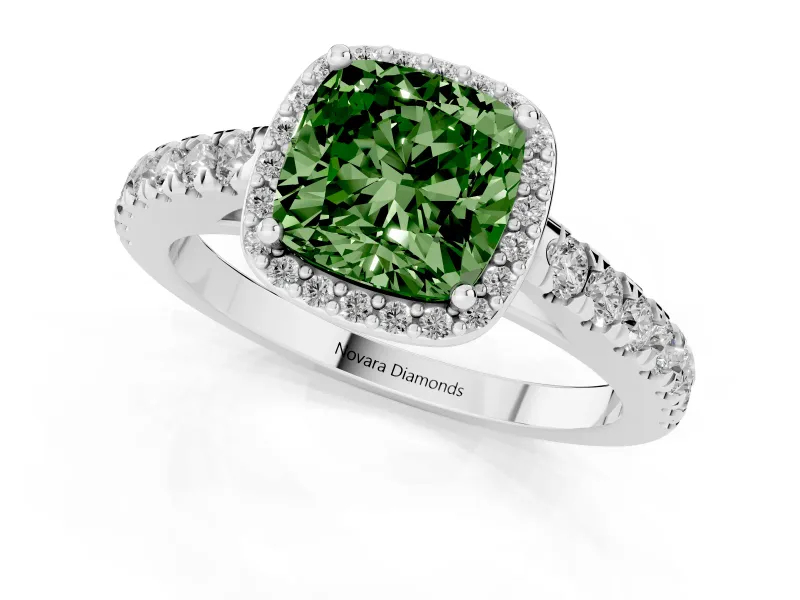Fancy Green Cushion Cut Diamond Halo Engagement Ring Set in White gold with Pavé Band and Prong Setting