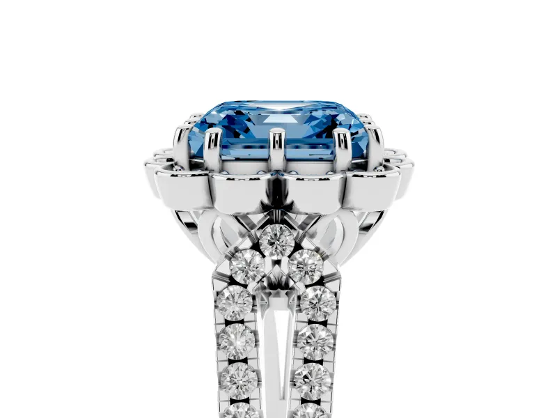Asscher Cut Floral Halo Engagement Ring Setting for a Fancy Blue Lab-Grown Diamond | Pavé Split Shank | Sterling Silver