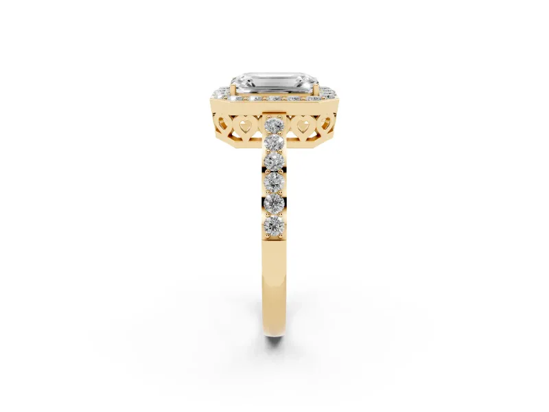 Emerald Cut Diamond Halo Ring Set in Yellow gold with Pavé-Setting Band and Open Prong Center
