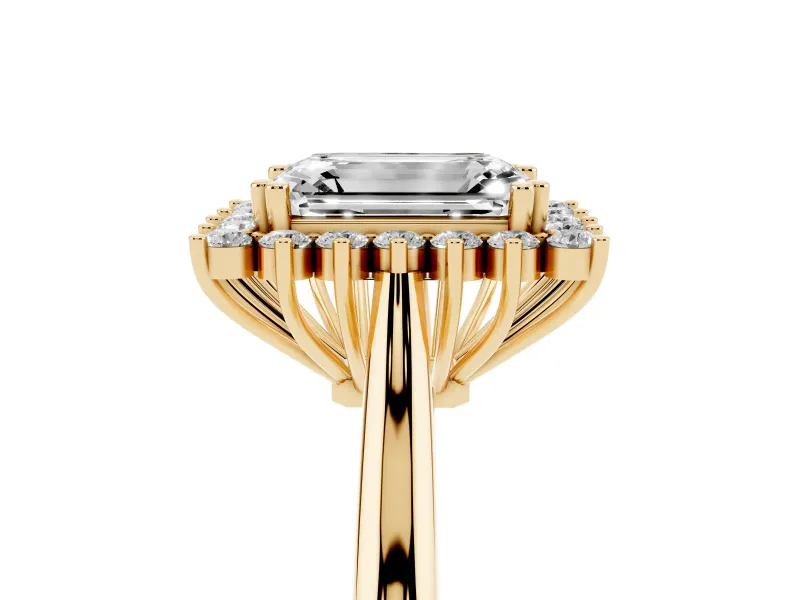 Emerald Cut Diamond Halo Ring Set in Yellow gold with Plain Solitaire Band and Prong Setting