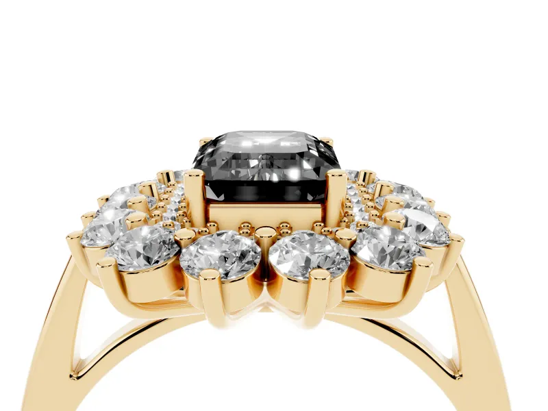 Emerald Cut Floral Double Halo Engagement Ring Setting for a Black Center | Plain Band | Yellow Gold