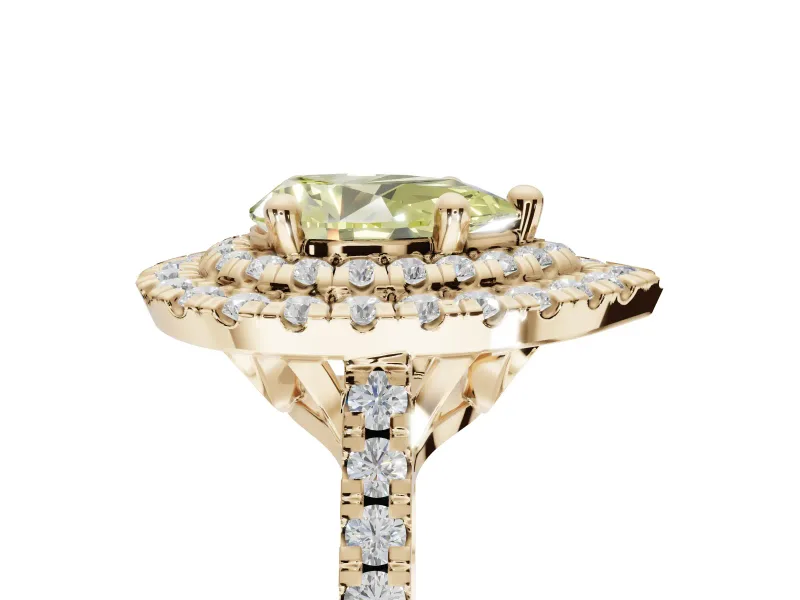 Canary Yellow Pear-Shaped Lab-Grown Diamond Double Halo Statement Ring Set in Yellow Gold with Pavé Band
