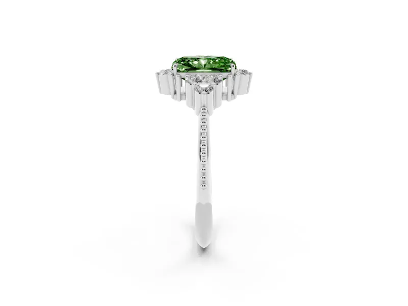 Fancy Green Radiant Cut Diamond Cluster Ring Set in White gold with Beaded Band