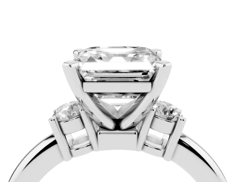 Asscher Cut Three Stone Engagement Ring Setting | Round Side Stones | White Gold