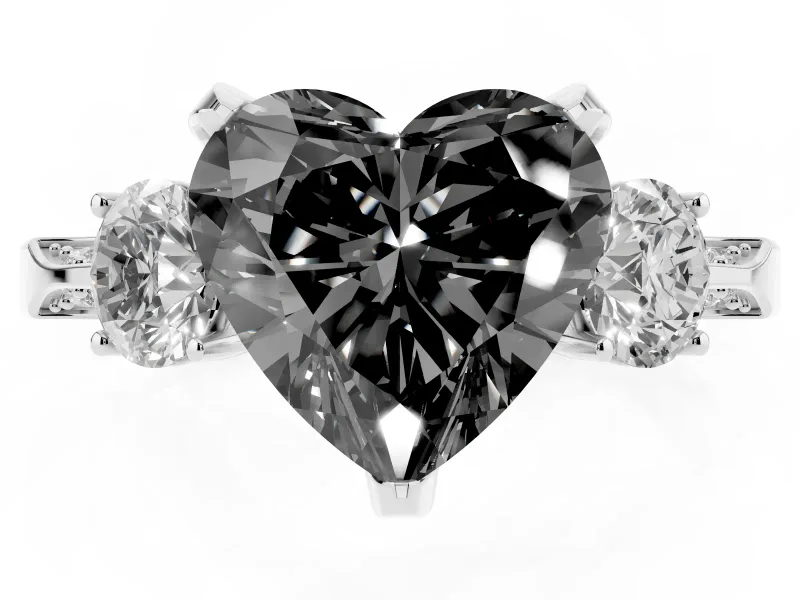 Heart-Shaped Hidden Halo Three Stone Engagement Ring Setting for a Black Center | Sterling Silver