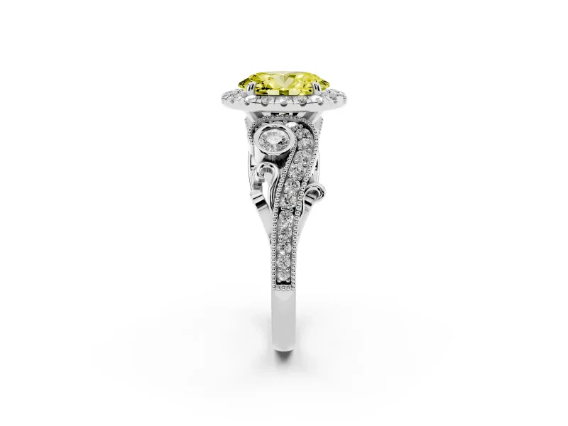 Fancy Yellow Oval Cut Diamond Halo Ring Set in Silver with Milgrain Pavé Band and Prong Setting