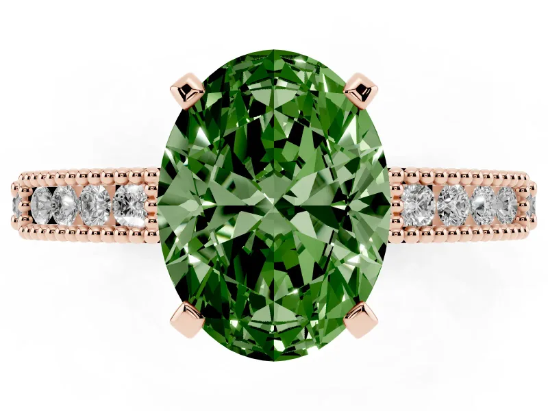 Fancy Green Oval Cut Diamond Solitaire Ring Set in Rose gold with Slim Pavé Band and Prong Setting