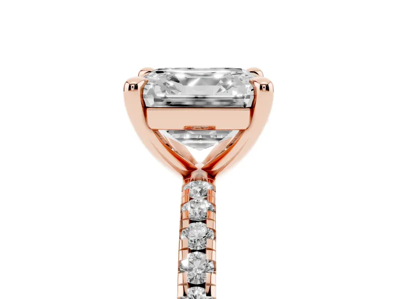 Asscher Cut Diamond Brilliant Solitaire Ring Set in Rose gold with Pavé Band and Prong Setting