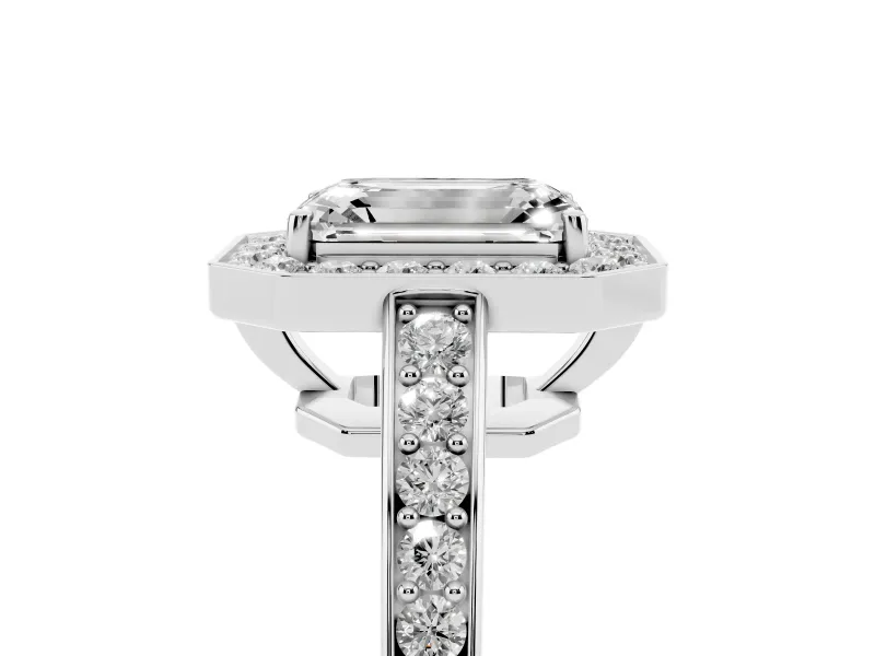 Emerald Cut Diamond Halo Pavé Engagement Ring Set in Platinum with Bezel Setting