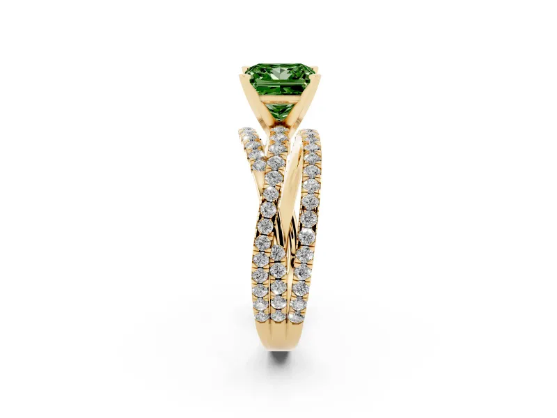 Fancy Green Princess Cut Diamond Solitaire Twist Band Ring Set in Yellow gold with Pavé Setting and Prong Head