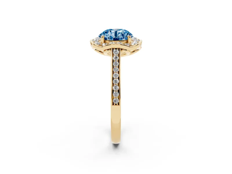 Round Halo Engagement Ring Setting for a Fancy Blue Lab-Grown Diamond | Petal Tips | Yellow Gold