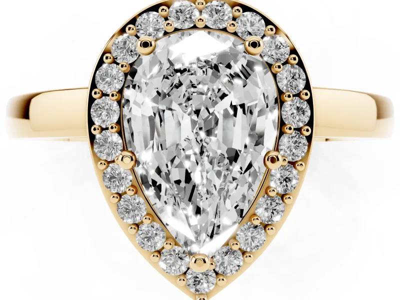 Pear-Shaped Thin Halo Low Profile Engagement Ring Setting | Slim Plain Band | Yellow Gold