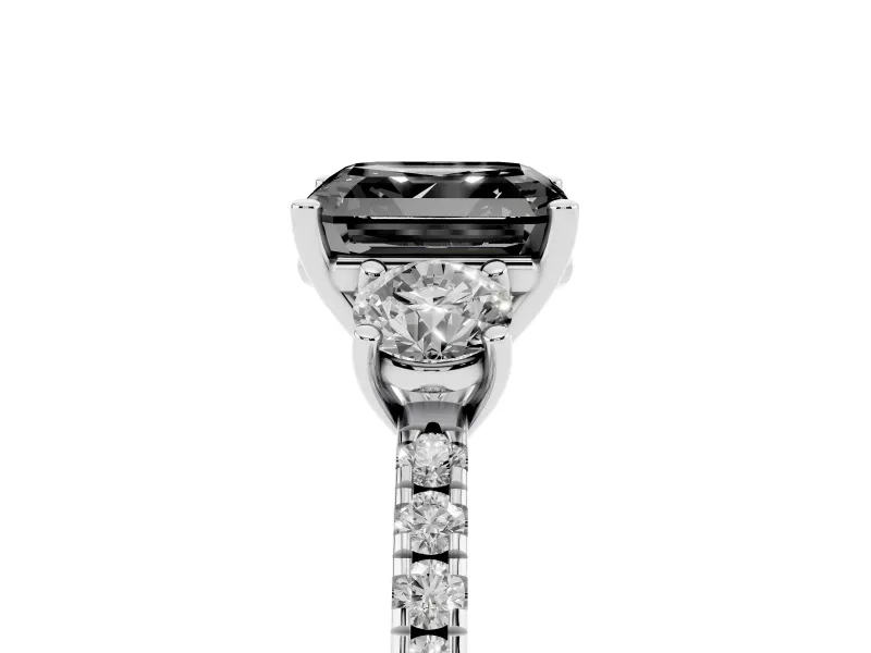 Asscher Cut Three Stone Engagement Ring Setting for a Black Center | Pavé Shoulders | Sterling Silver