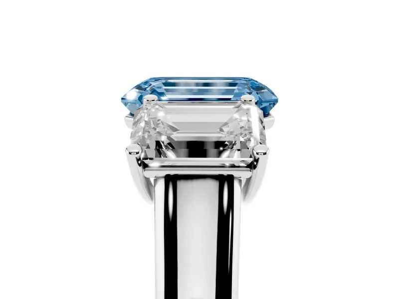 Emerald Cut Three Stone Engagement Ring Setting for a Fancy Blue Lab-Grown Diamond | Basket Prong Heads | White Gold