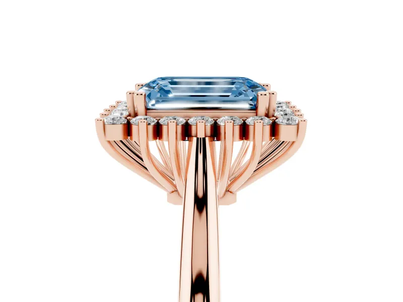 Emerald Cut Starburst Halo Engagement Ring Setting for a Fancy Blue Lab-Grown Diamond | Rose Gold