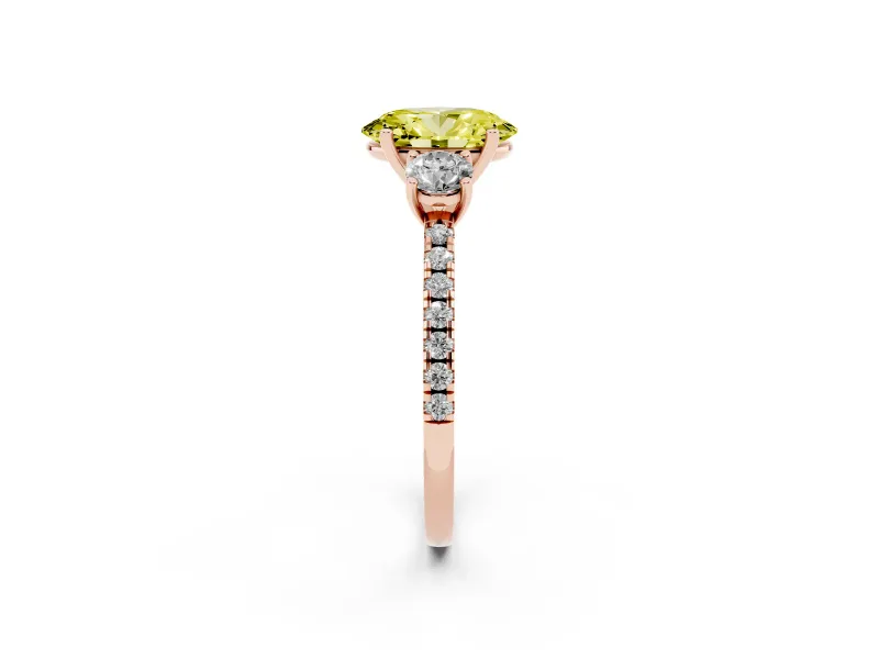 Oval Three Stone Engagement Ring Setting for a Fancy Yellow Lab-Grown Diamond | Pave Shoulders | Rose Gold