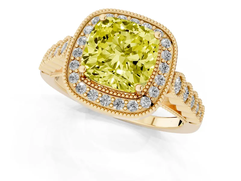Cushion Cut Graduated Milgrain Halo Engagement Ring Setting for a Fancy Yellow Lab-Grown Diamond | Yellow Gold