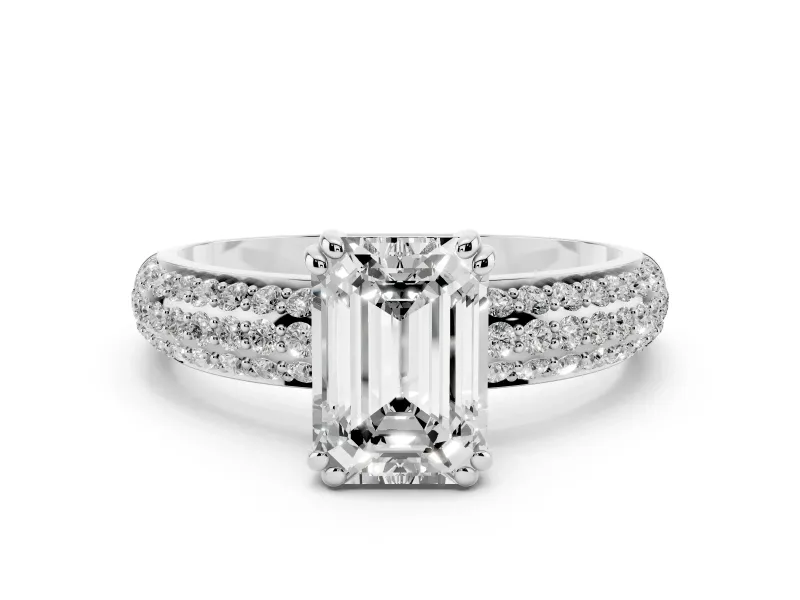 Emerald Cut Diamond Solitaire Ring Set in White gold with Multi-Row Round Pavé Band and Prong Setting