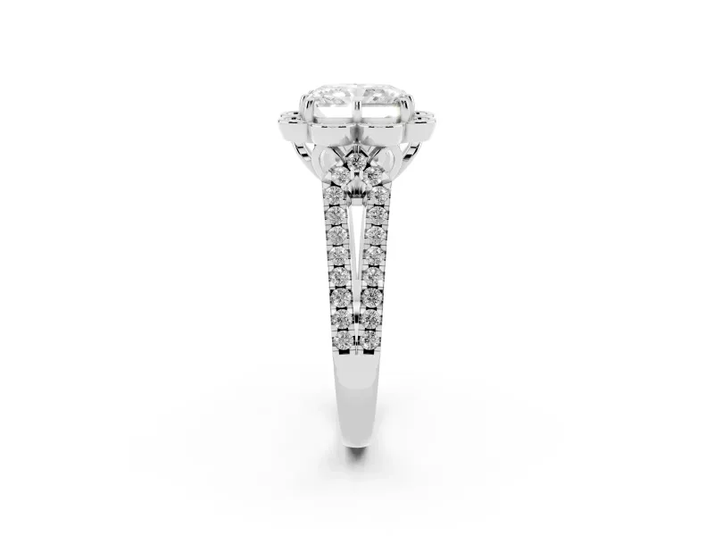 Radiant Cut Petal Frame Floral Halo Engagement Ring Setting | Pavé Split Shank | White Gold
