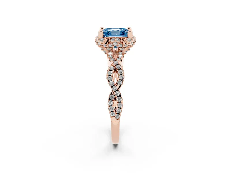 Fancy Blue Asscher Cut Diamond Halo Twist Band Solitaire Ring Set in Rose gold with Prong-Set Center Stone