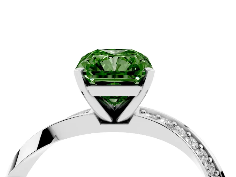 Fancy Green Radiant Cut Diamond Engagement Ring Set in Silver with Side Stone Accents and Prong Setting