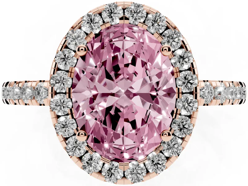 Fancy Pink Oval Cut Diamond Pavé Band Halo Engagement Ring Set in Rose gold with Prong Setting