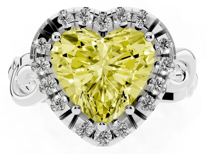 Fancy Yellow Heart Cut Diamond Halo Ring Set in White gold with Scrollwork Band and Prong Setting